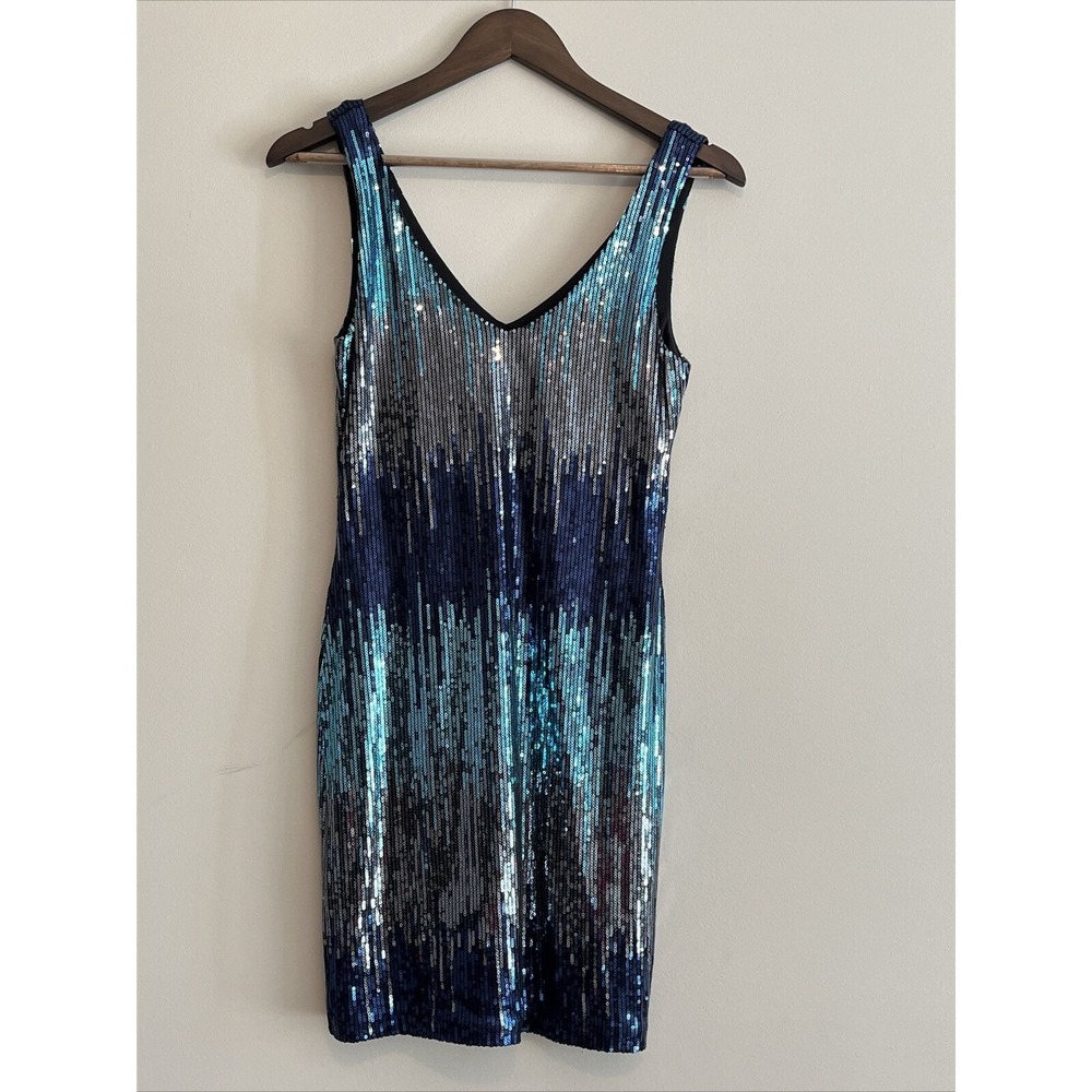 Y2K Charlotte Russe Blue Full Sequin Mini Dress Sz Medium Lined V Neck Party